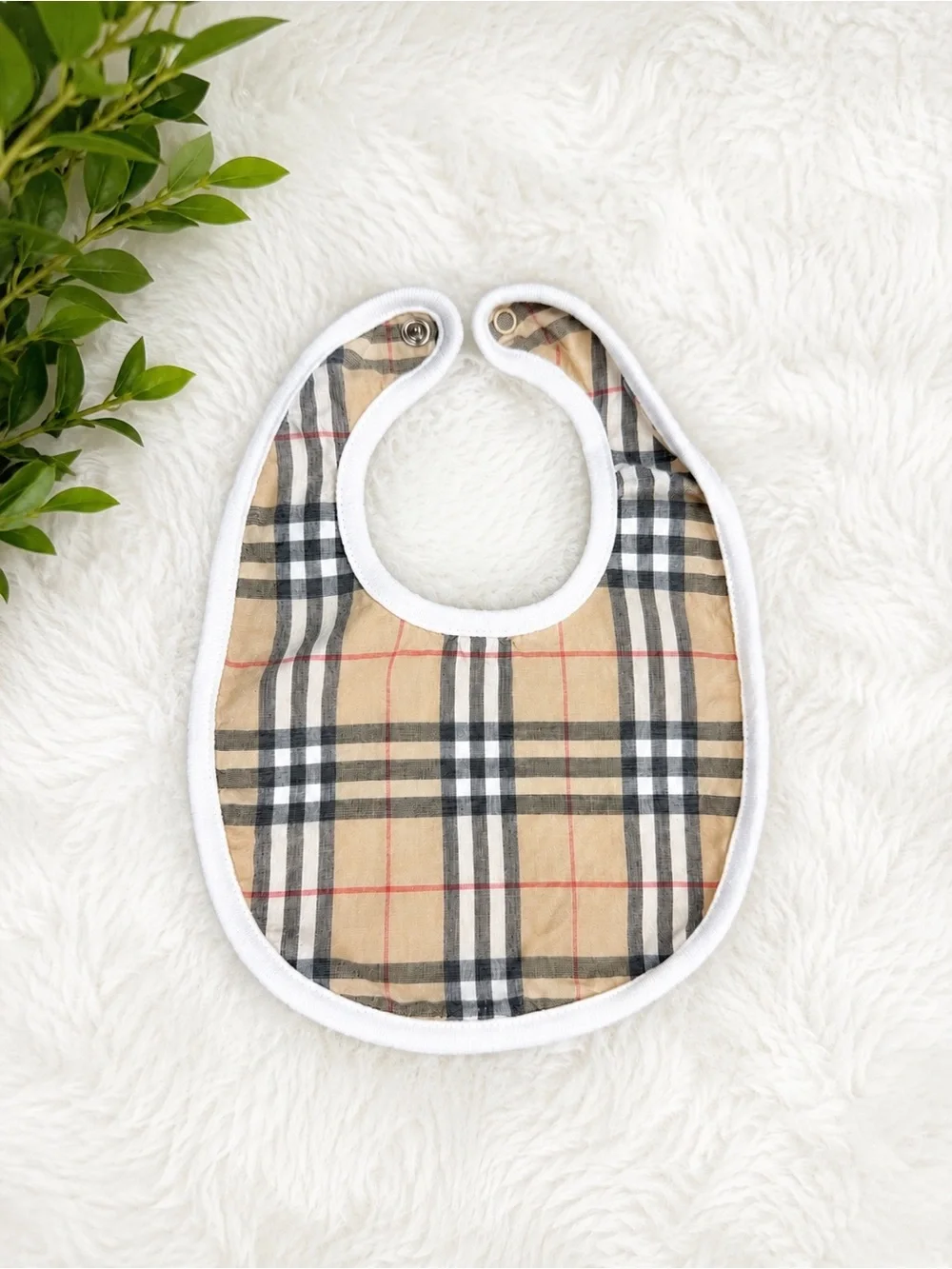 Burberry Baby Bib Size 6 Months Authentic Beige Check Plaid Baby Bib White Trim